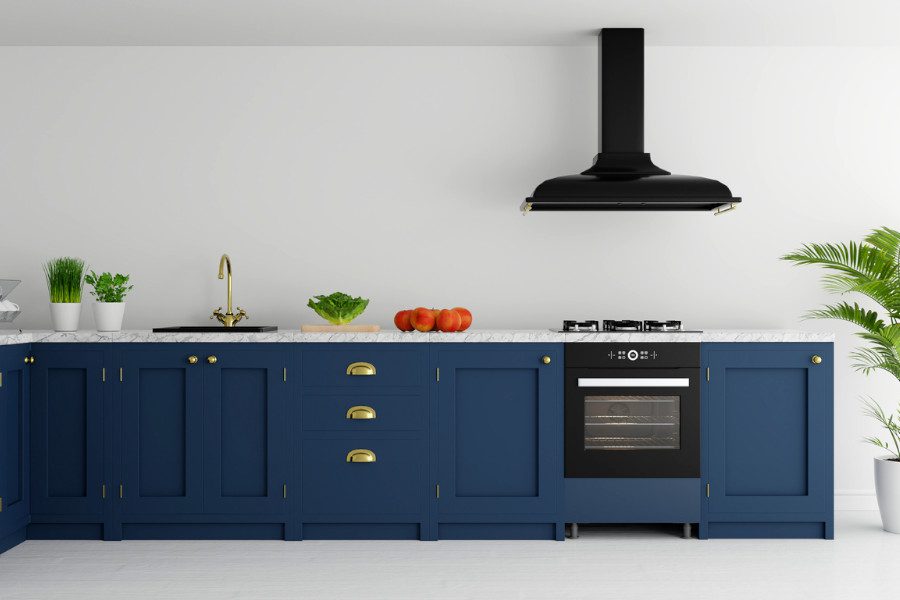 Blue painted kitchen cabinets